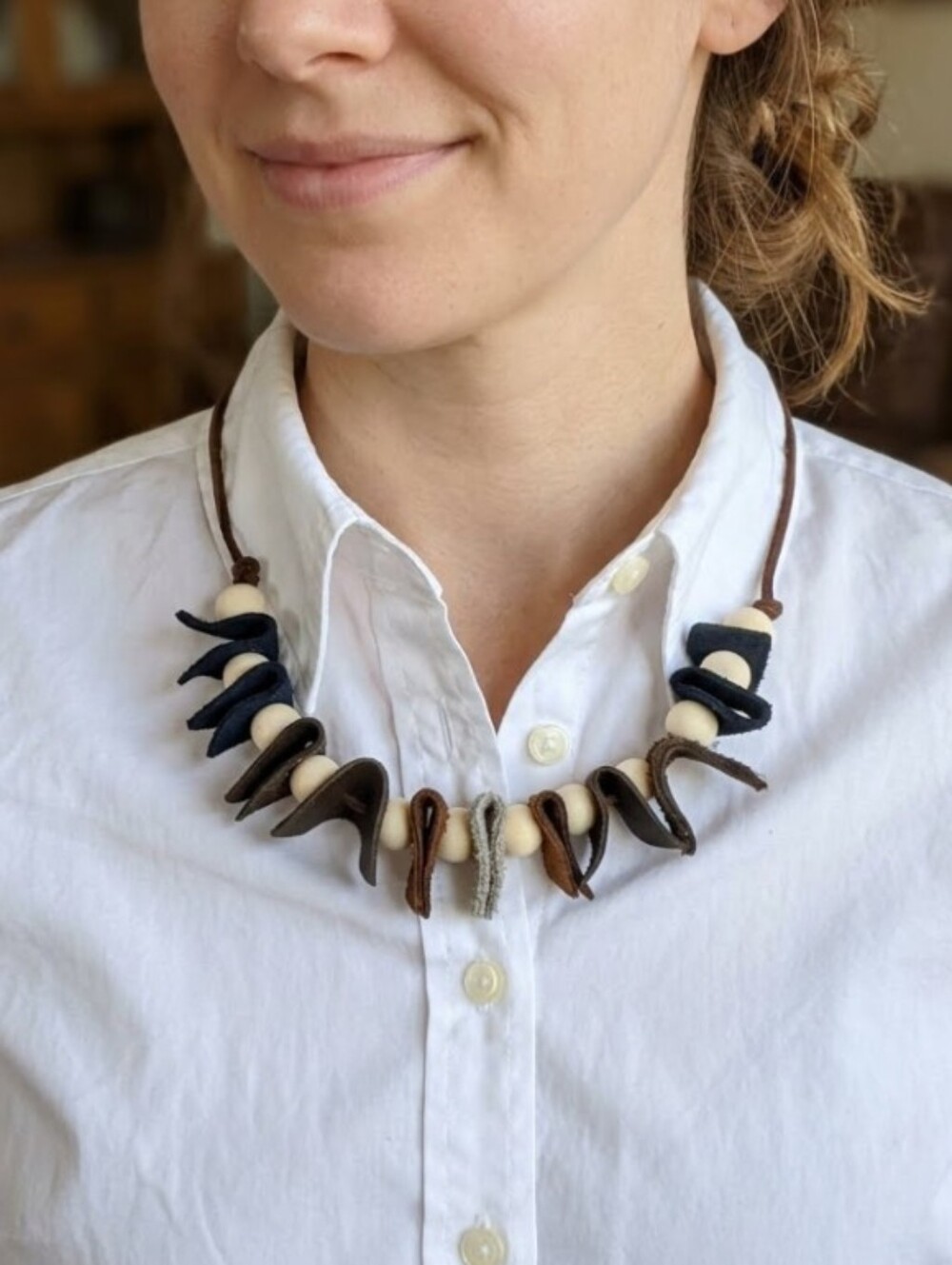 Handmade Genuine Leather Natural Wood Necklace Choker Bracelet Black #05